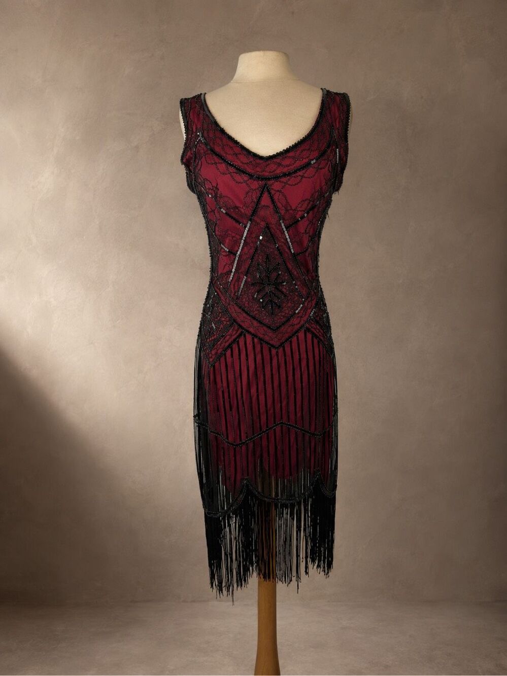 Fundaisy Size M 1920s Flapper Fringe Beaded Sequin Dress Red Black Gatsby Hallow
